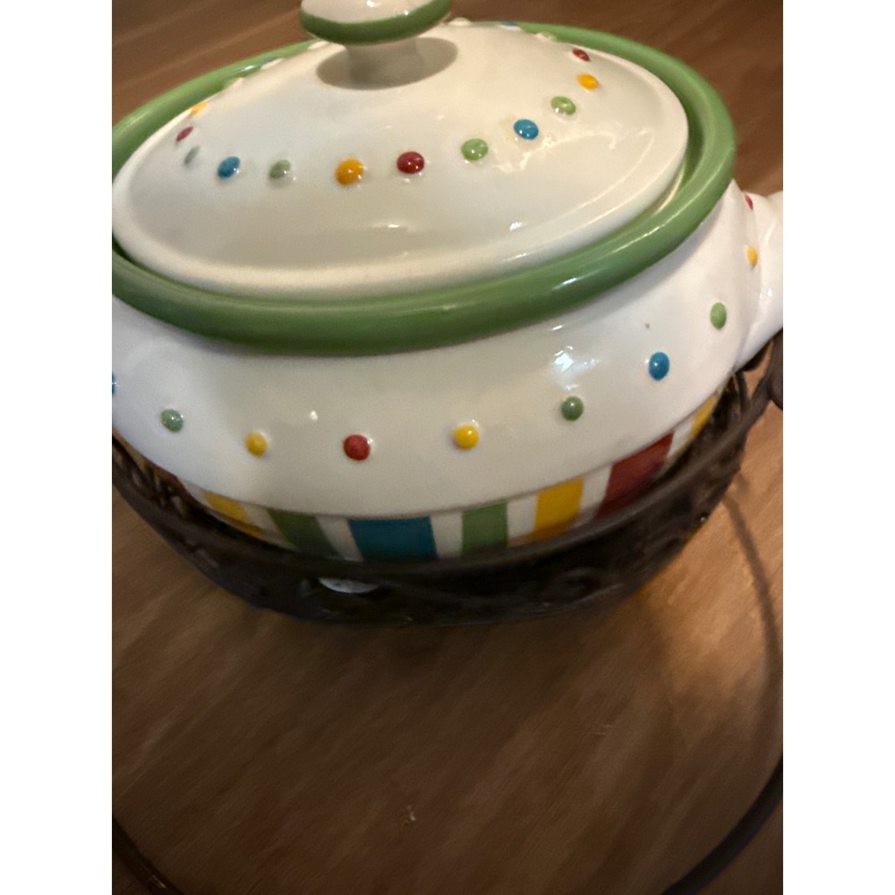 Multicolor Striped Ceramic Bean Pot Tureen with Lid and Metal Wire Basket Carry - Picture 6 of 6